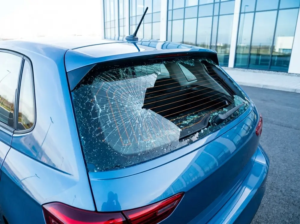 A shattered car window before replacement