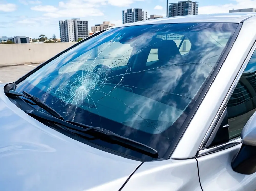Car windscreen with a large crack before replacement